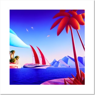 A Yacht With Red Sails Arriving At A Tropical Island With Reddish Looking Trees In The Foreground. Posters and Art